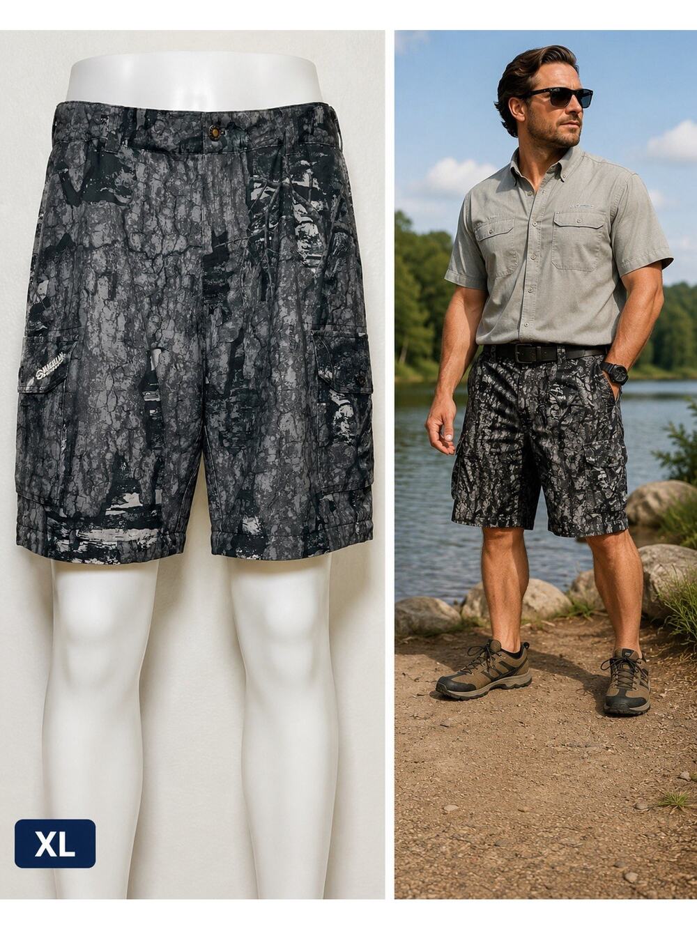 Magellan Cargo Shorts Men’s XL Black Camo Hunting Fish Zipper Pocket Realtree